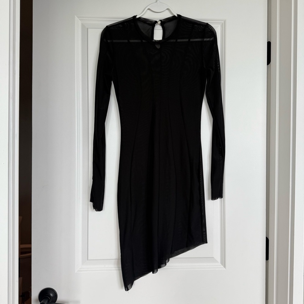 Sheer Black Mesh Long Sleeve Mini Dress Asymmetrical Hem